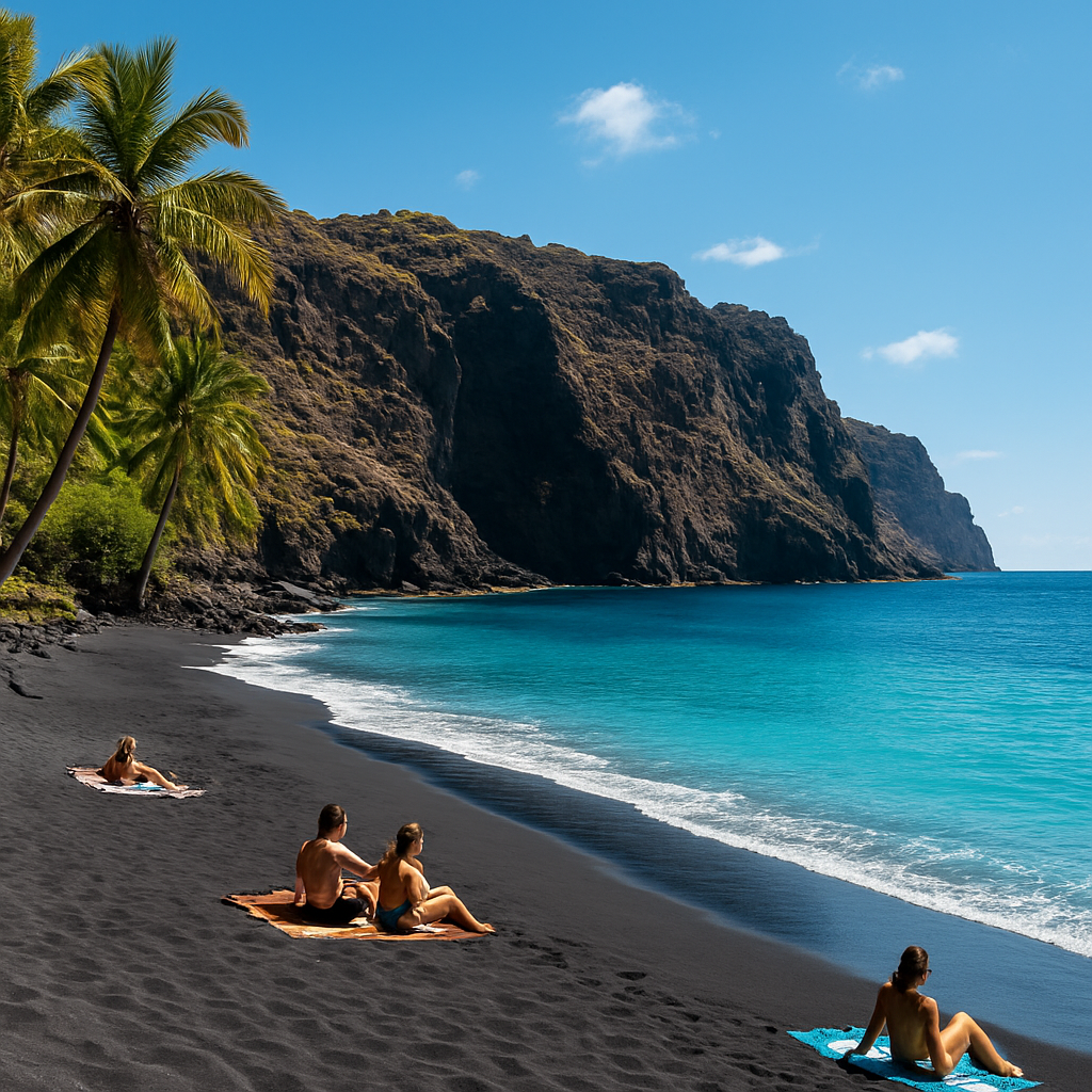 Beautiful volcanic black sand beach near La Siesta Azul